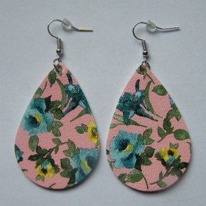 Pink-Teal Floral Teardrop Earrings Faux Leather